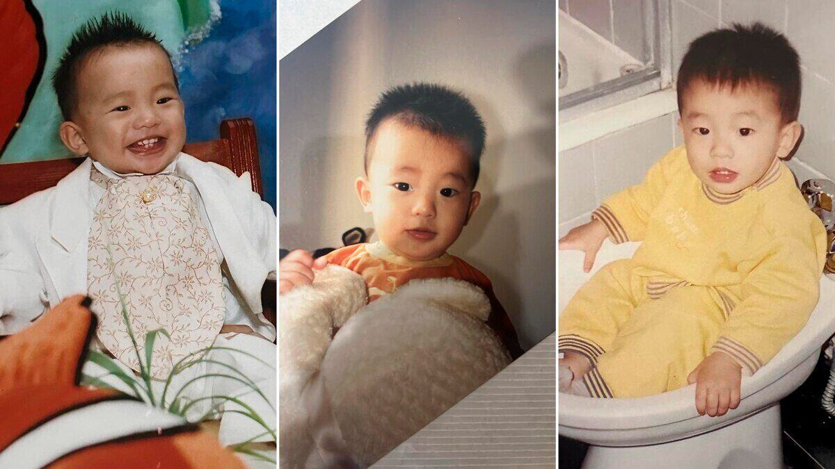 Collage de fotos de la infancia de Jin Min Lee, mostrando su sonrisa y momentos tiernos