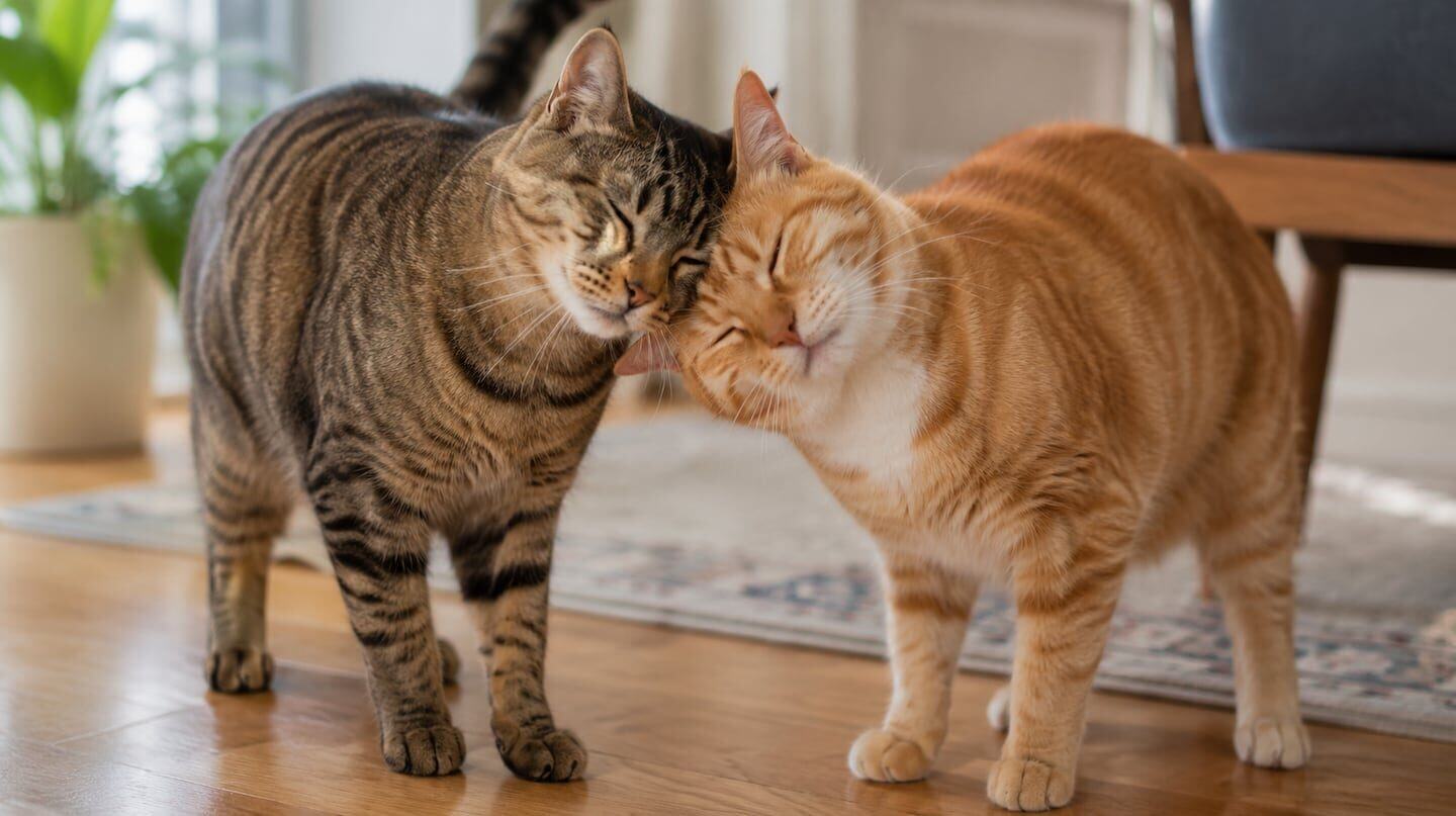 Dos gatos, uno atigrado y otro naranja, se acarician en un ambiente hogareño