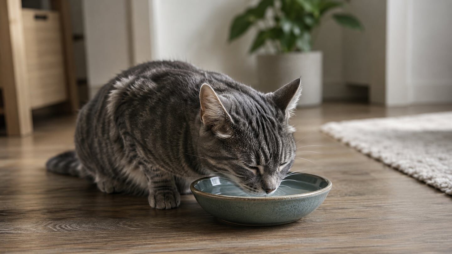 Gato gris bebiendo agua de un plato en el suelo