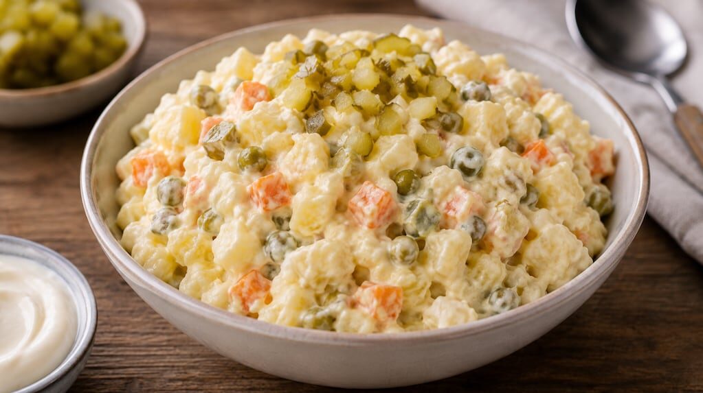 Ensalada rusa con yogur griego y pepinillos
