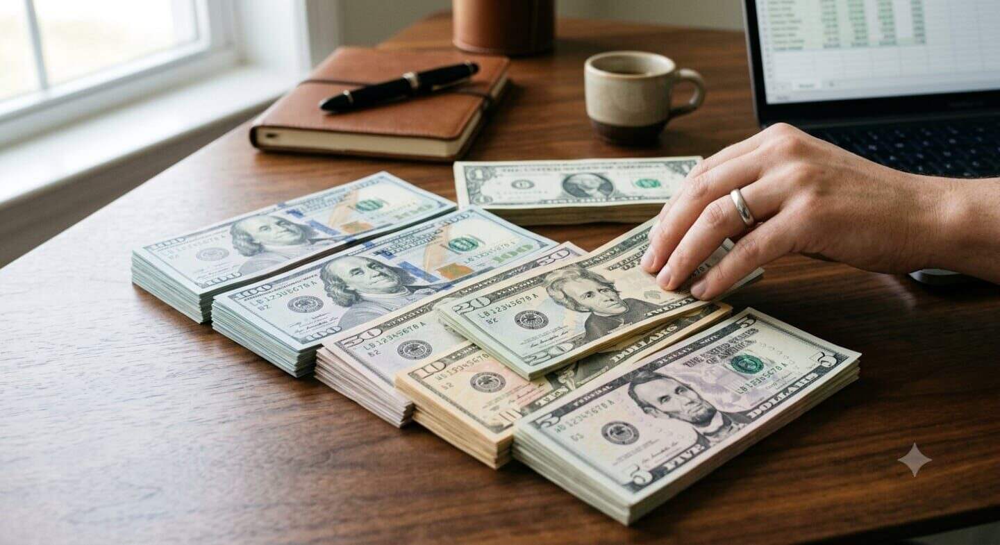 Persona acomodando billetes de diferentes denominaciones sobre una mesa de madera