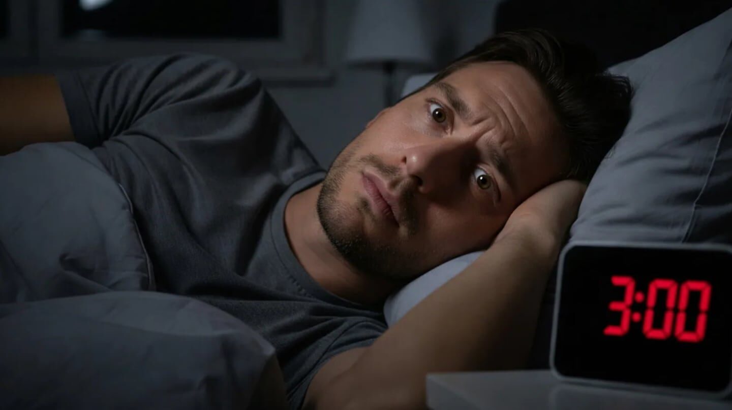Hombre desvelado mirando el reloj que marca las 3:00 AM en la cama