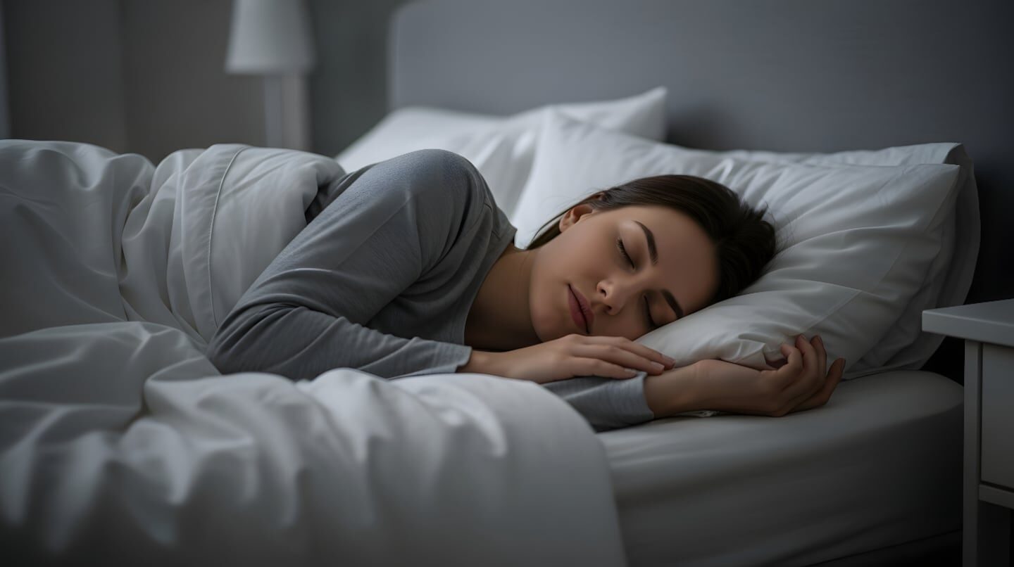 Mujer durmiendo plácidamente en una cama con sábanas blancas