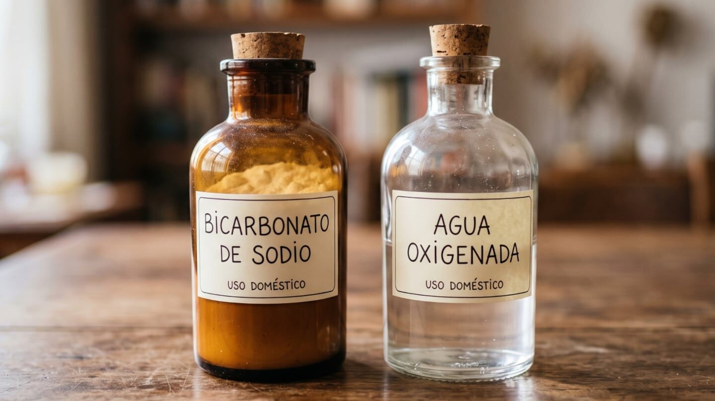 Botellas de bicarbonato de sodio y agua oxigenada sobre una mesa de madera