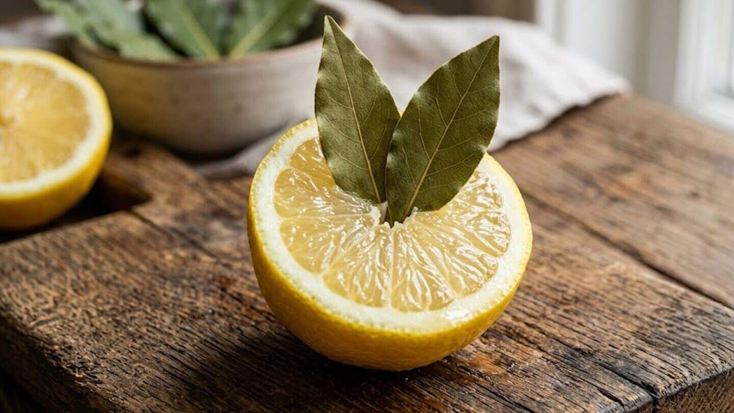 Limón cortado con hojas de laurel sobre una mesa de madera