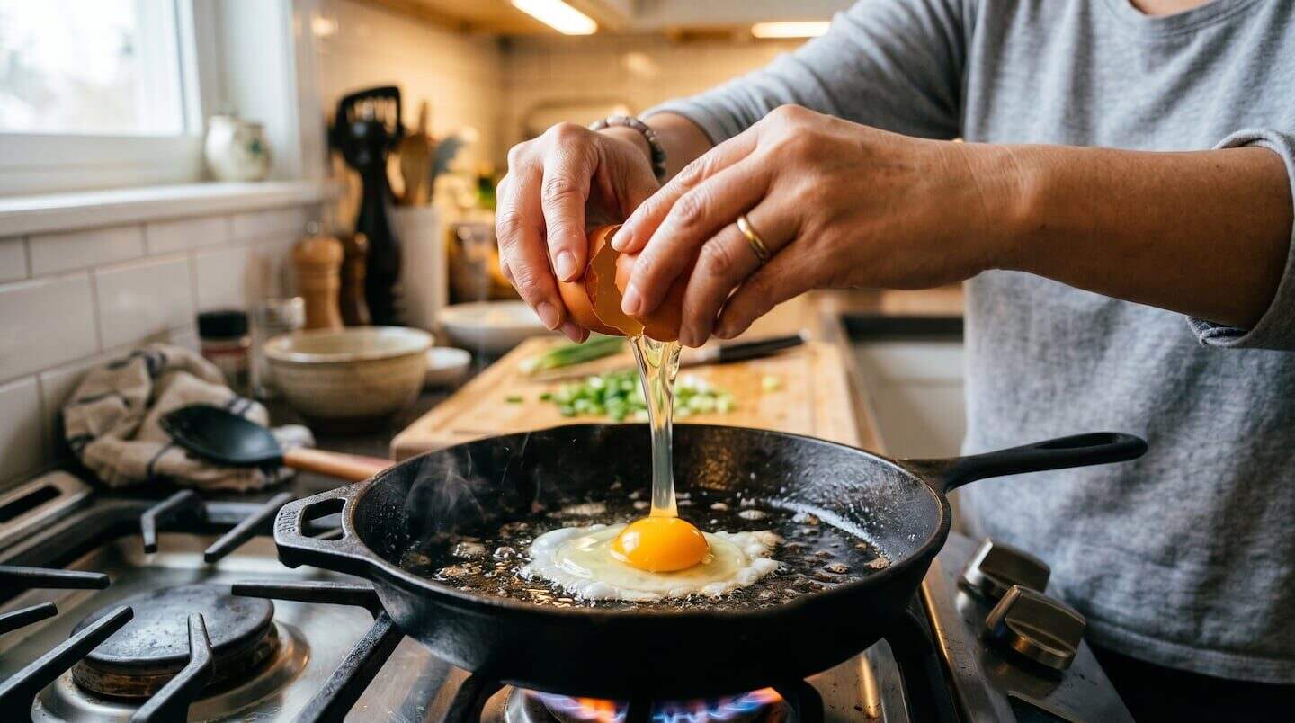 Persona rompiendo un huevo en una sartén de hierro fundido en la cocina
