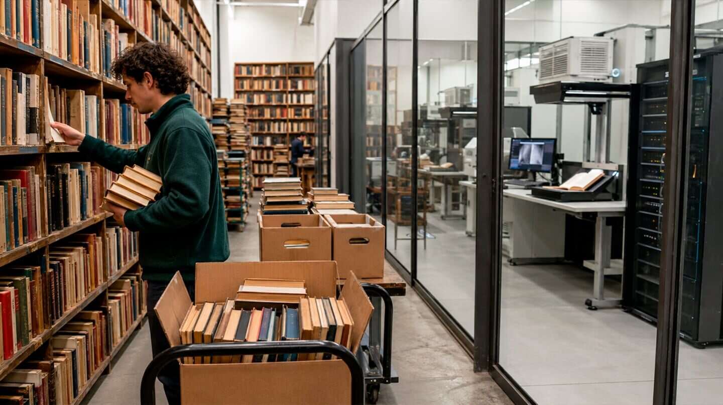 Hombre organizando libros en una biblioteca con equipo de digitalización al fondo