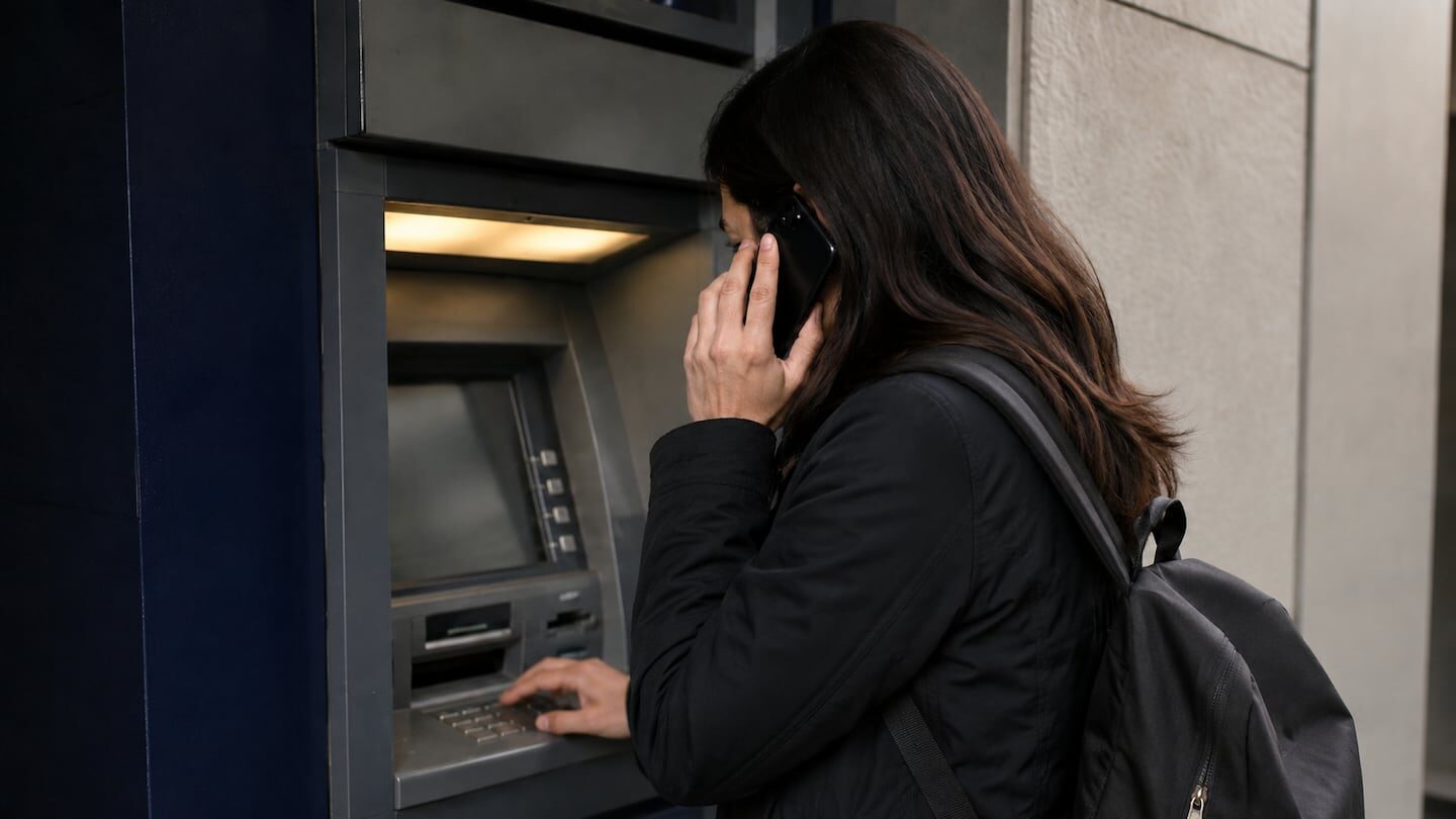 Mujer usando un cajero automático mientras habla por teléfono