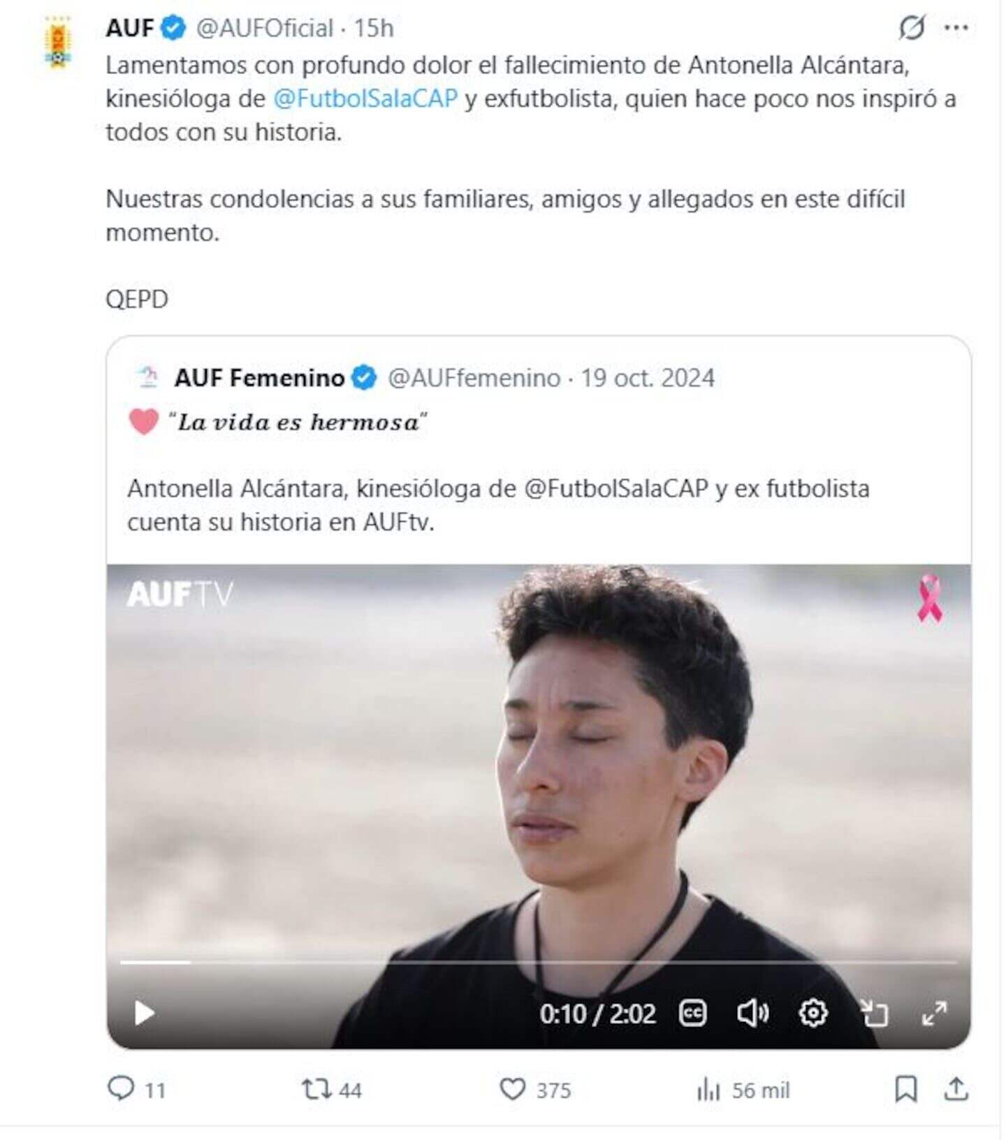 Antonella Alcántara, kinesióloga de Peñarol, hablando sobre su lucha contra el cáncer