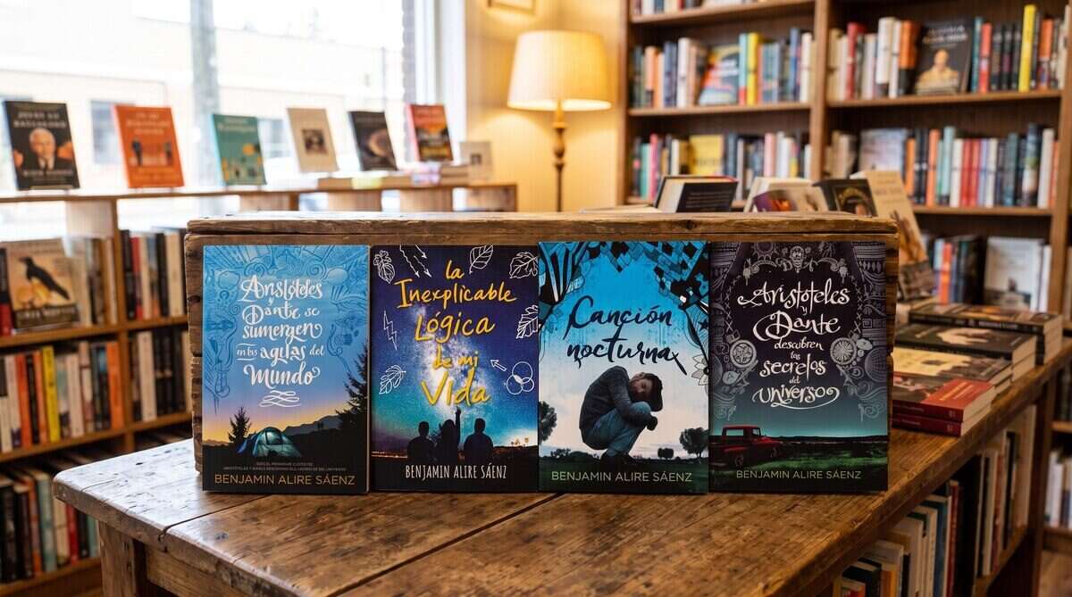 Tres libros de Benjamin Alire Sáenz en una estantería de librería