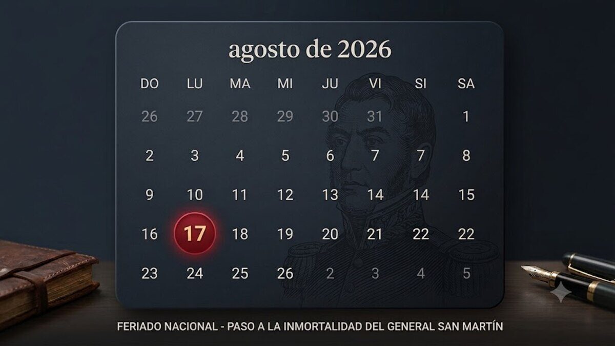 Calendario de agosto de 2026 con el 17 resaltado como feriado nacional en Argentina