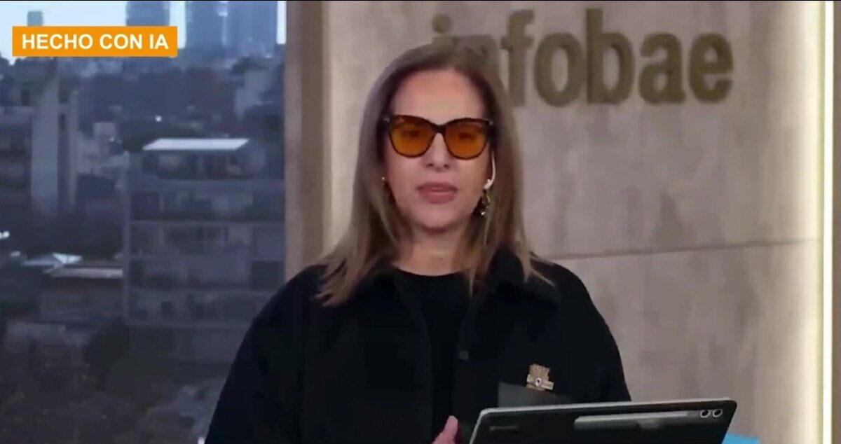 Presentadora de noticias en un estudio de televisión con gafas de sol y fondo urbano