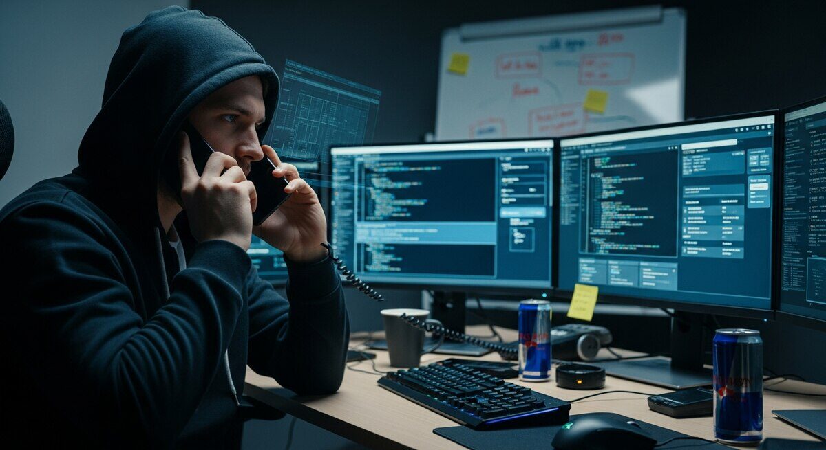 Hombre con capucha hablando por teléfono frente a múltiples pantallas de computadora en un entorno de ciberseguridad