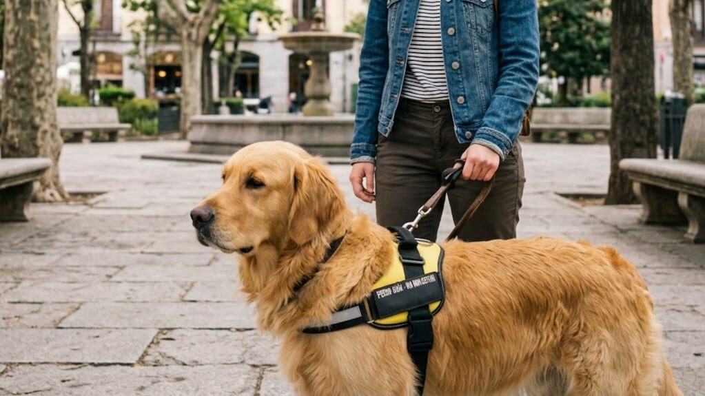 Imagen de un perro guía en un entorno urbano