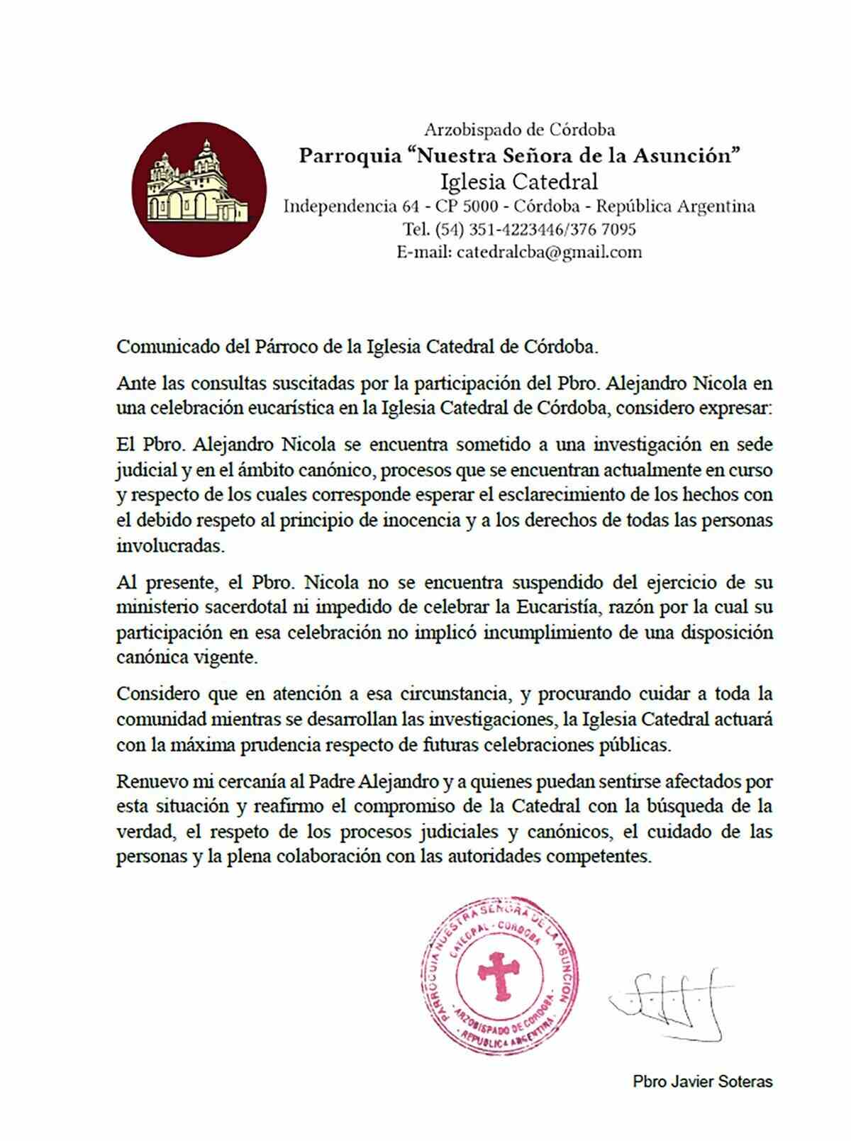 Comunicado del Arzobispado de Córdoba sobre la participación del cura Alejandro Nicola en una misa
