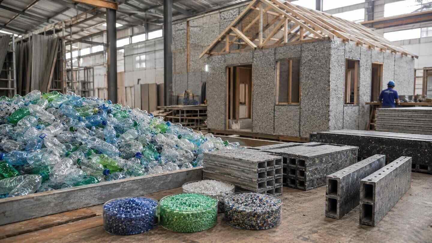 Materiales reciclados y estructuras en proceso de construcción con botellas plásticas en un taller del MIT