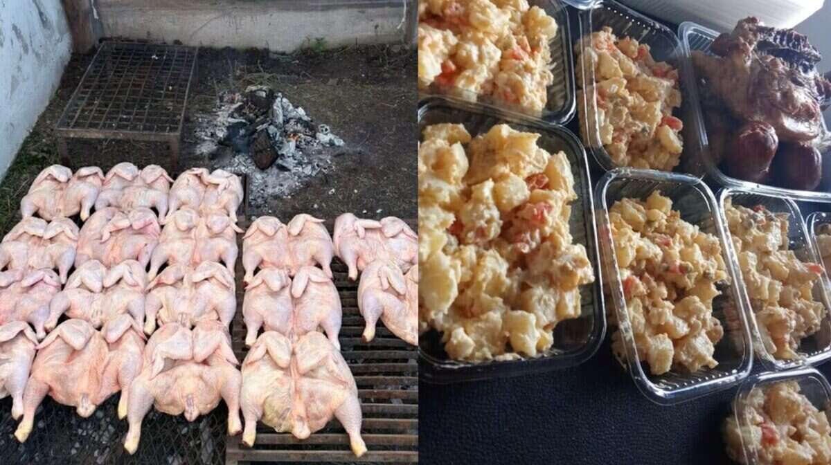 Pollo crudo en parrilla y comida preparada en recipientes en Coronel Pringles