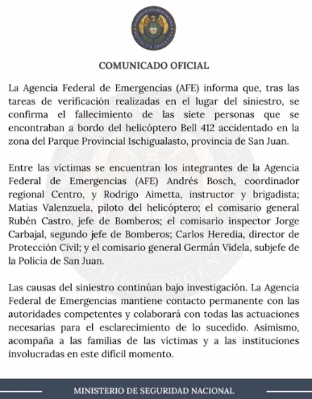 Comunicado oficial sobre el accidente de helicóptero en San Juan