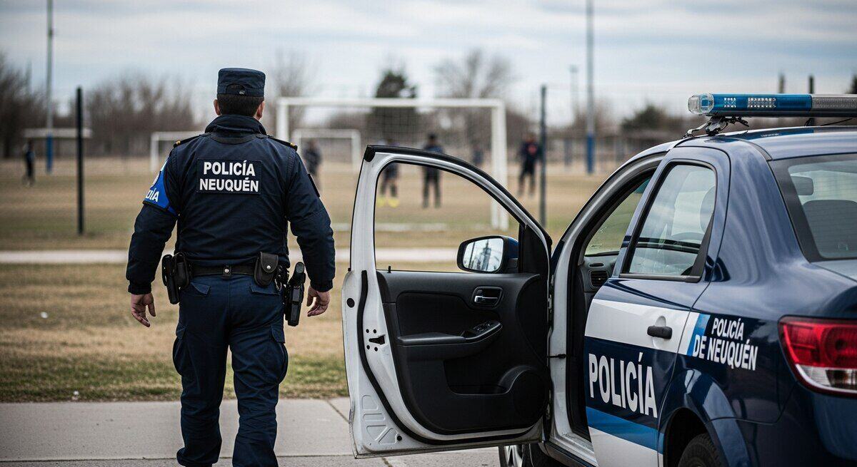 Policía de Neuquén frente a un automóvil patrullero en un campo de fútbol