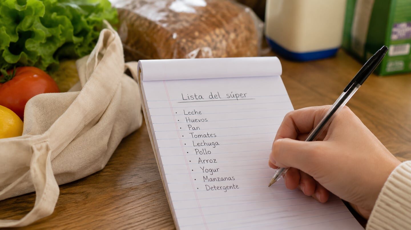 Lista de compras escrita a mano junto a alimentos frescos en una mesa