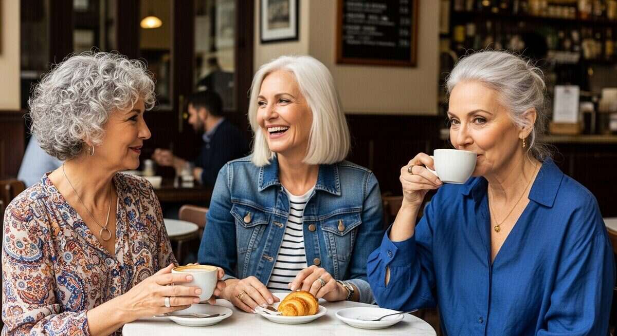 Tres mujeres mayores conversando y disfrutando de café en una cafetería