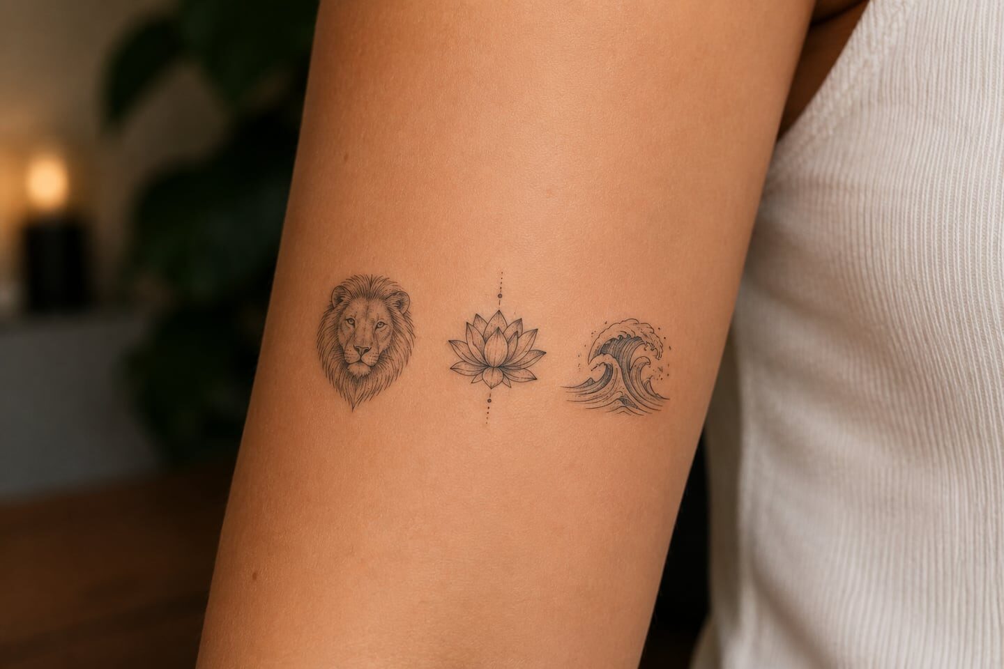 Tatuaje en el brazo que muestra un león, una flor de loto y una ola