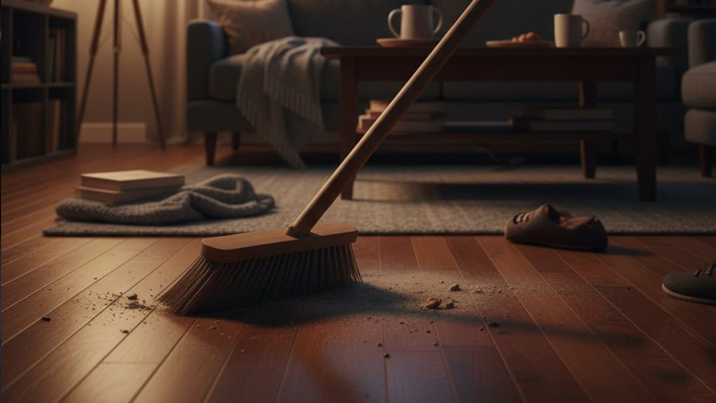 Escoba barrriendo el piso de madera en un hogar argentino