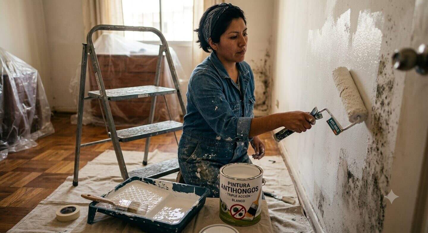 Mujer pintando una pared con pintura antihongos en un ambiente con moho visible