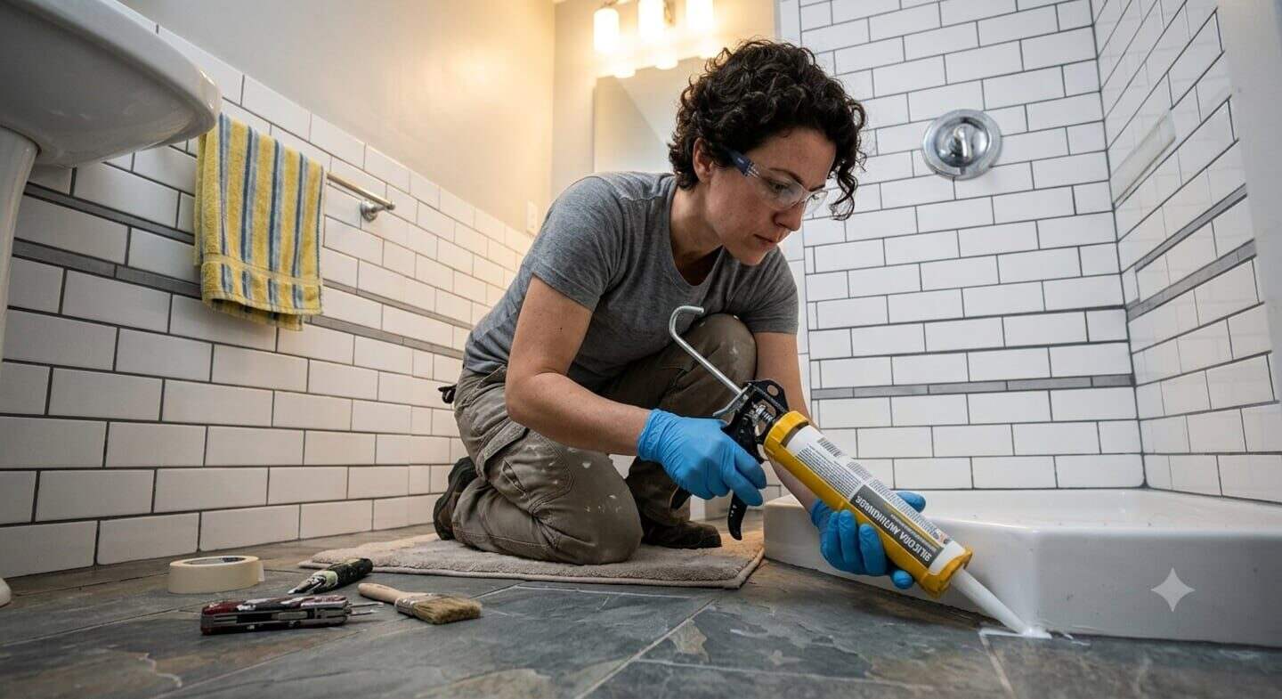 Mujer aplicando silicona antihongos en un baño