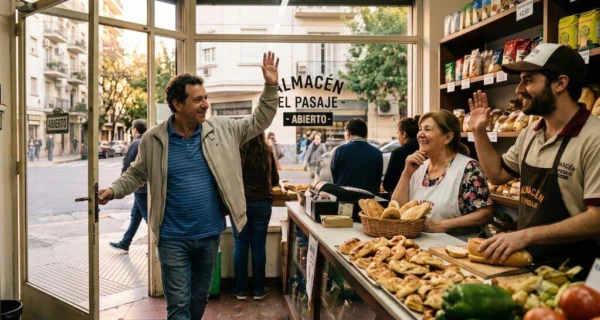 Persona saludando al entrar a un comercio