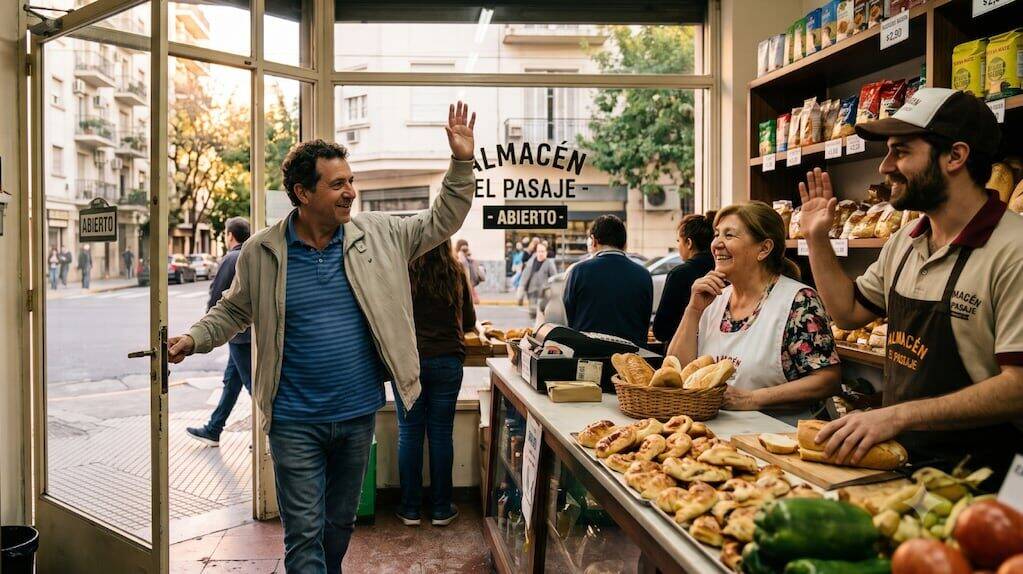 Persona saludando al entrar a un comercio