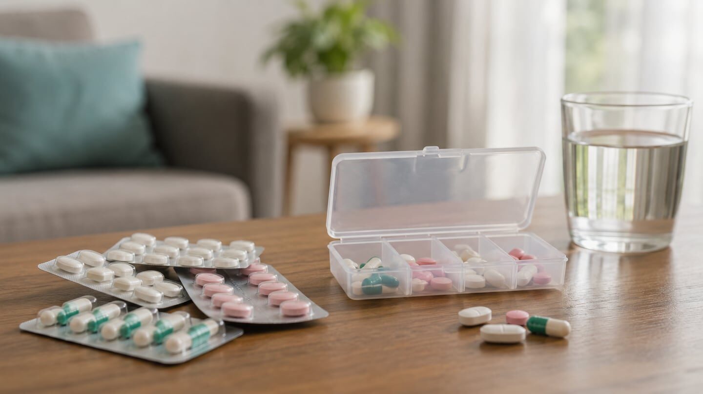 Diversos blísteres de medicamentos y un organizador de pastillas sobre una mesa de madera