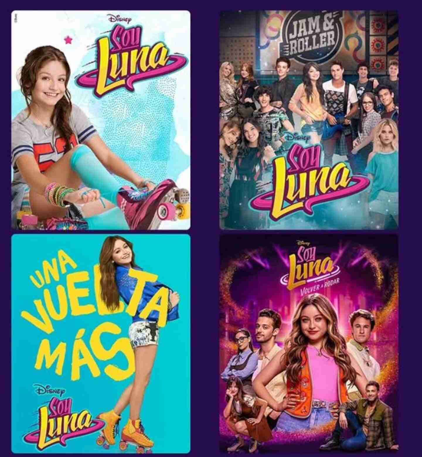 Collage de imágenes de la serie 'Soy Luna' mostrando personajes y logotipos
