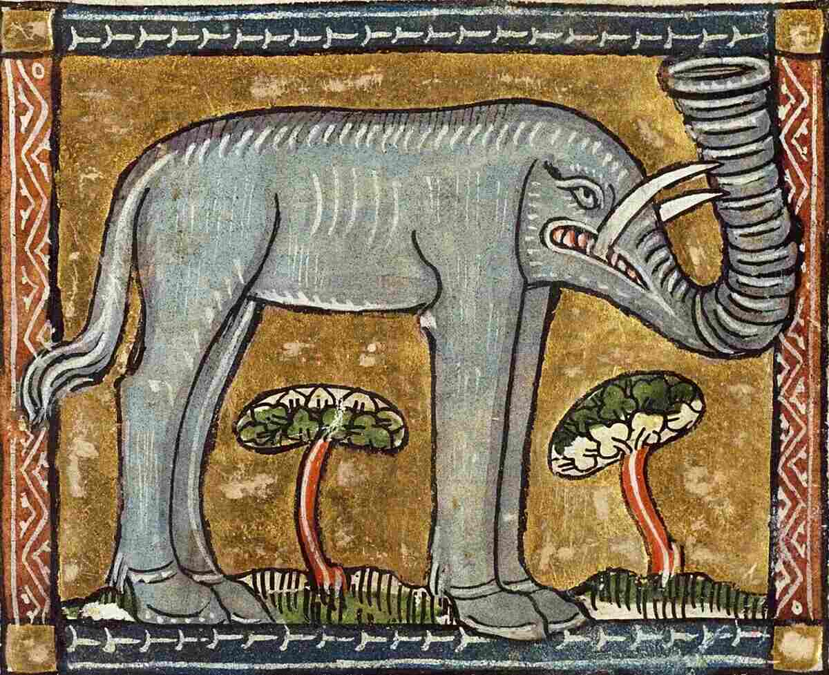 Ilustración de un elefante en un manuscrito medieval con árboles