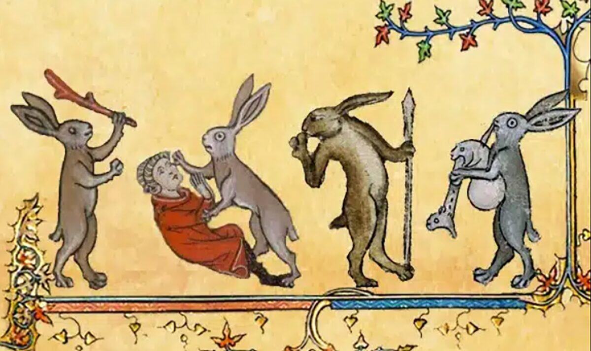 Ilustración medieval de conejos interactuando con un humano en un fondo decorativo
