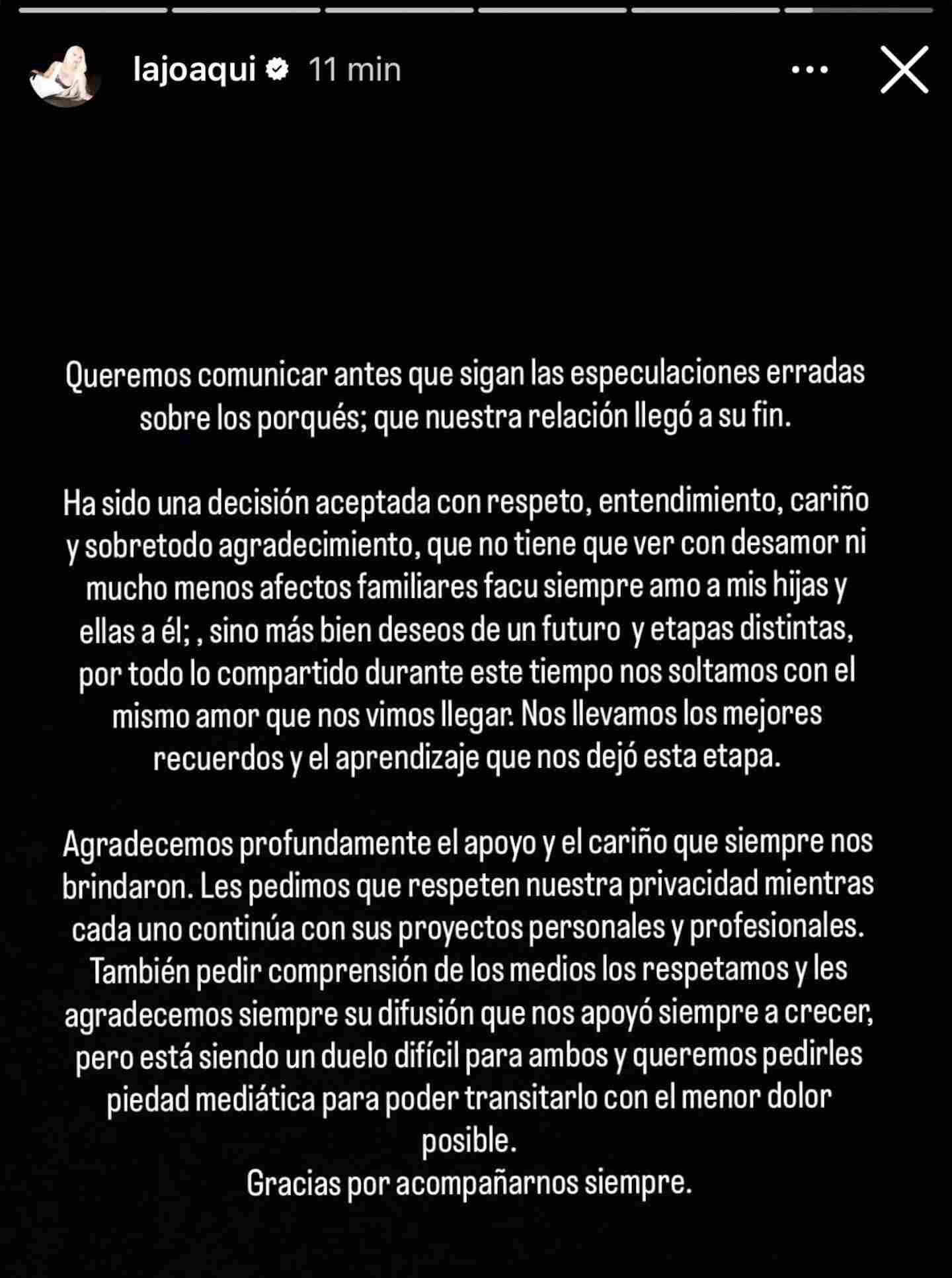 Comunicado de La Joaqui sobre su separación de Luck Ra en Instagram