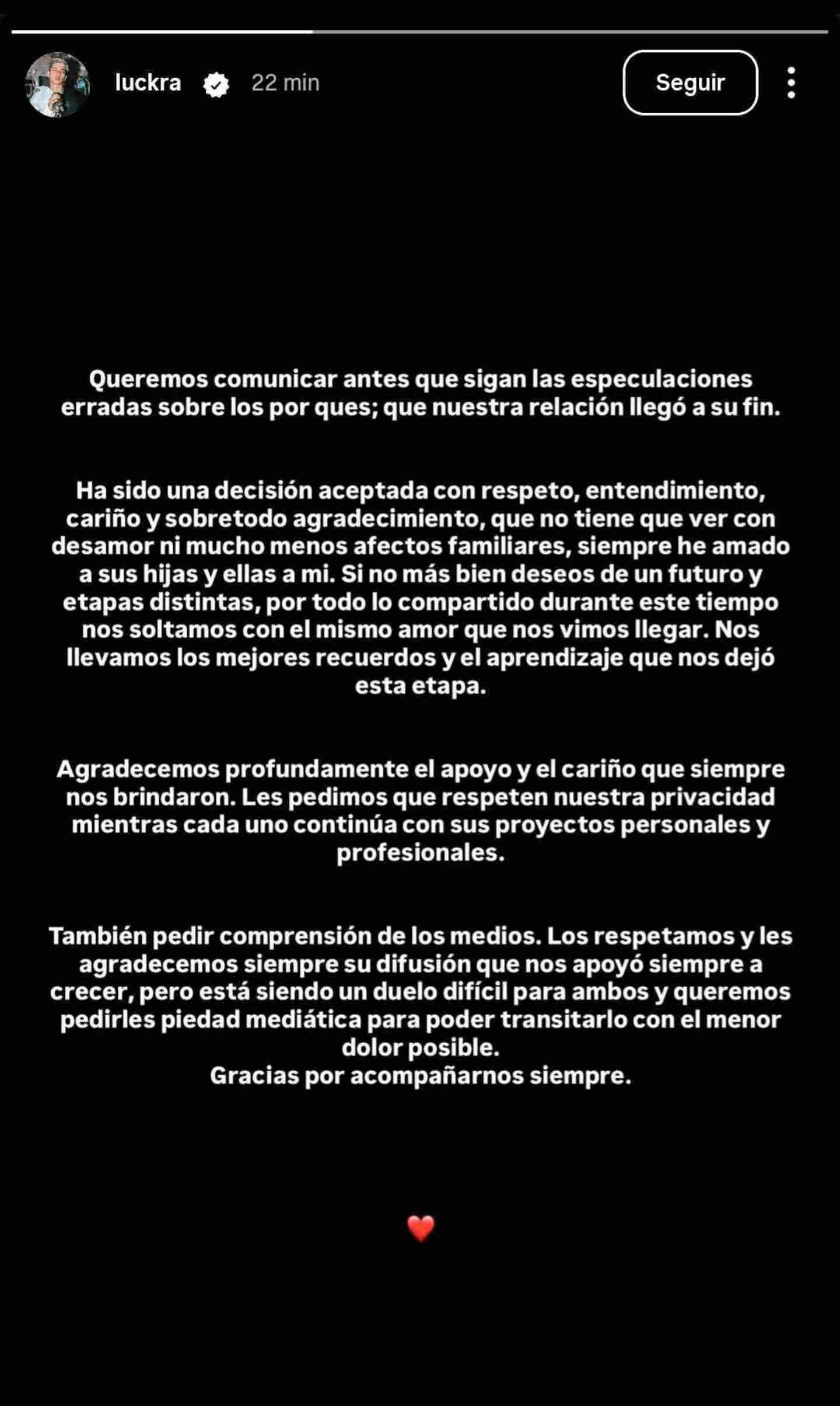 Mensaje de separación de Luck Ra en Instagram