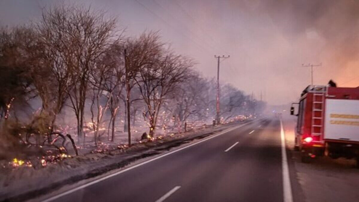Camión de bomberos en una carretera junto a un terreno quemado por incendios en Cafayate