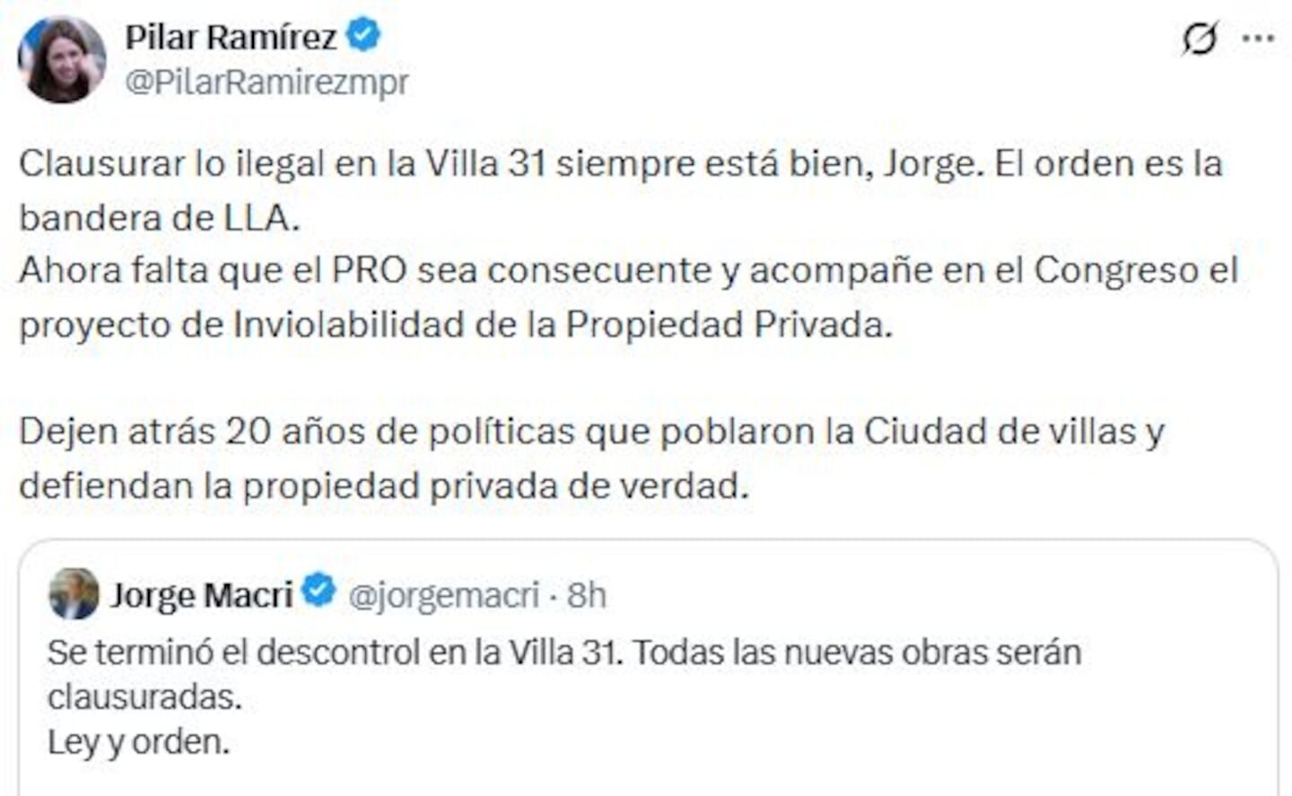 Publicación de Pilar Ramírez en Twitter sobre la propiedad privada y el PRO