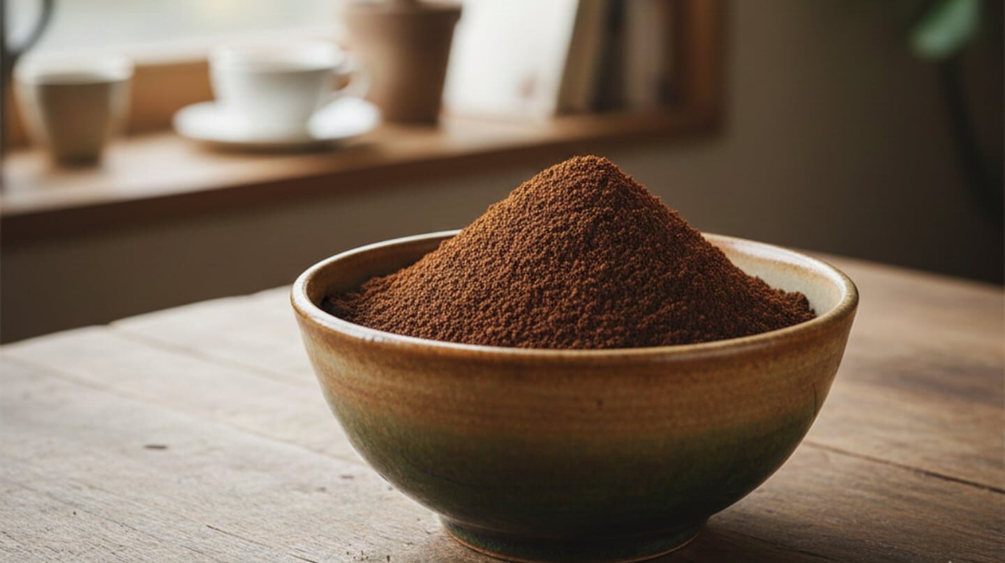 Tazón con café molido sobre una mesa de madera