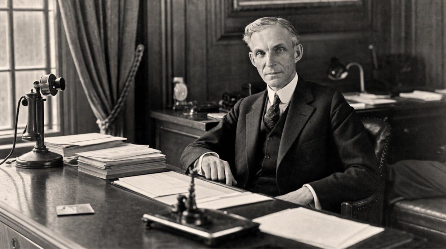 Henry Ford sentado en su oficina, reflexionando sobre el fracaso y el aprendizaje