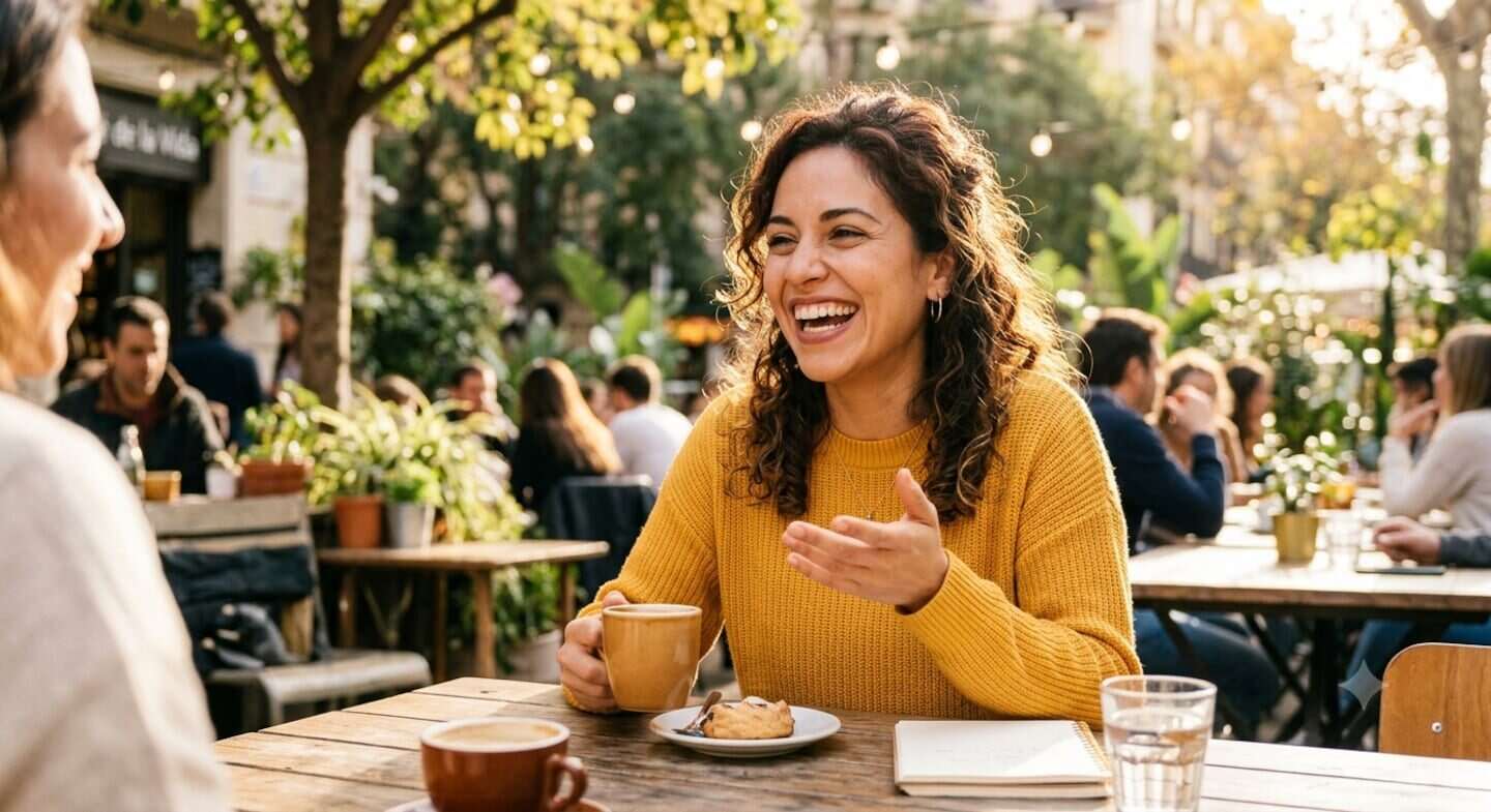 Mujer sonriente en un café, conversando con otra persona