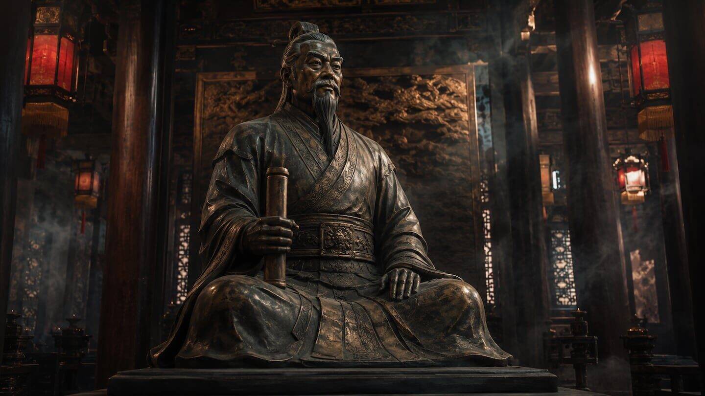 Estatua de Sun Tzu en un entorno tradicional chino