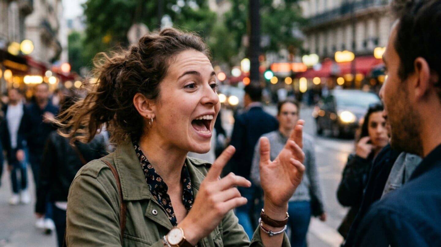 Mujer hablando rápidamente en una calle concurrida