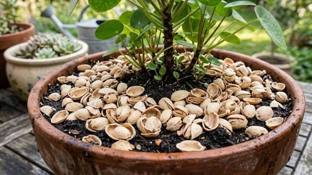 Cáscaras de pistacho en un jardín