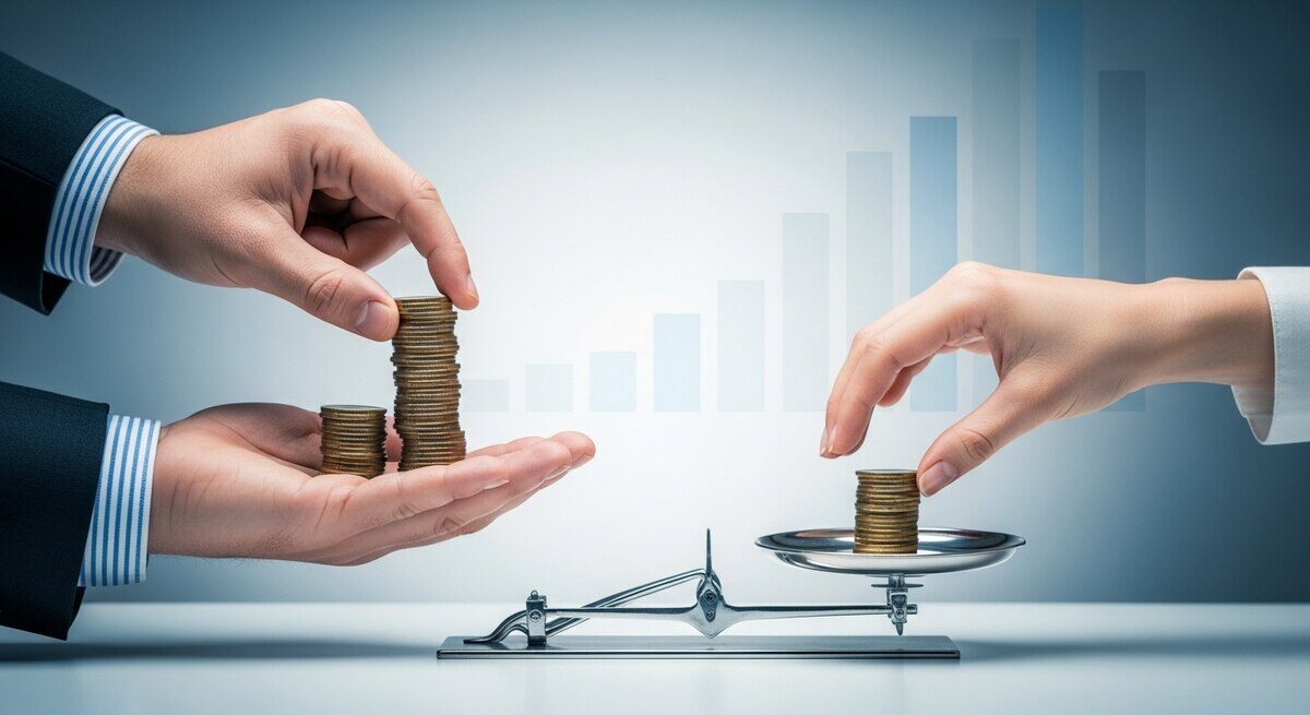 Manos de un hombre y una mujer colocando monedas en una balanza, simbolizando expectativas salariales en Argentina