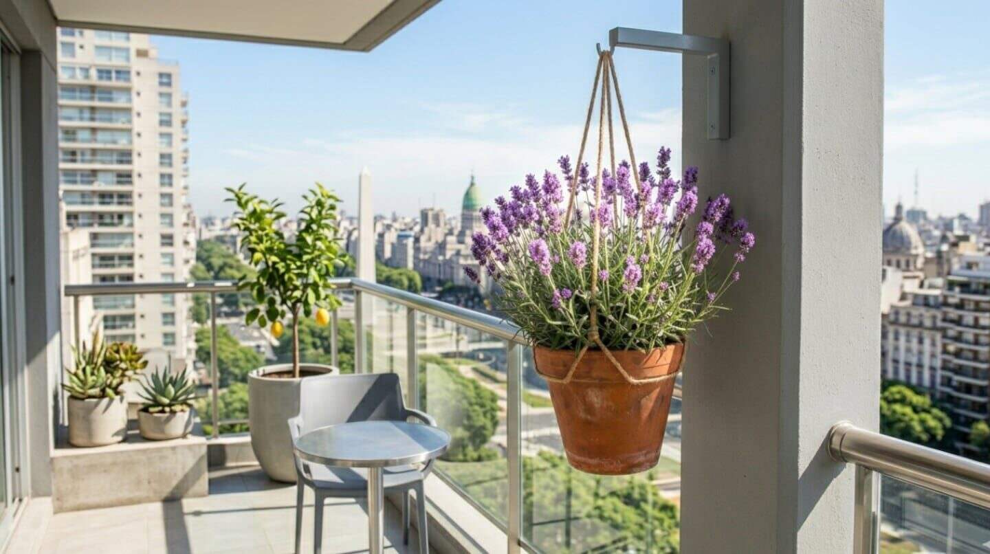 Maceta colgante de lavanda en un balcón con vista a la ciudad