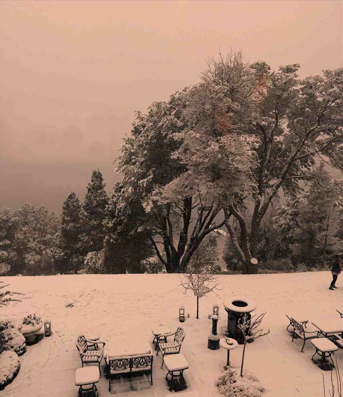 Vista nevada de Bariloche con árboles y mobiliario de jardín