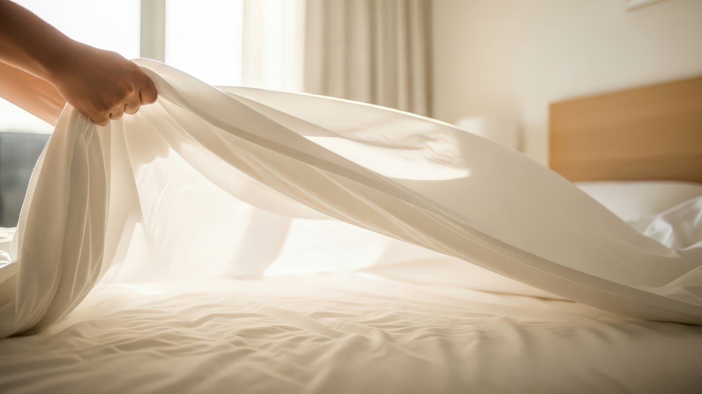 Persona cambiando sábanas en una cama