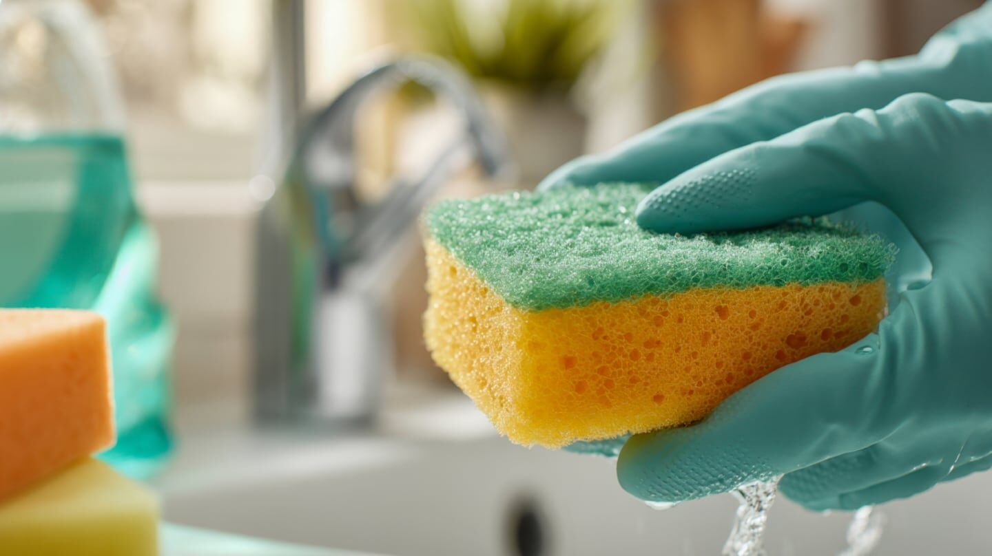 Esponja de limpieza en mano con guantes de látex en un entorno de cocina